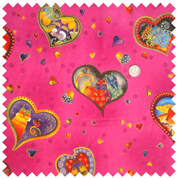 Laurel Burch Fabulous Felines Hearts Magenta REMNANT 8"