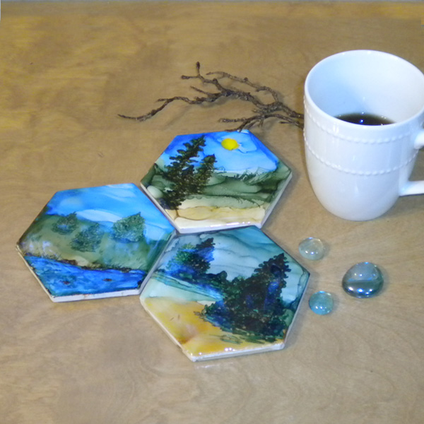 Alcohol Ink Coasters--Forest Trees